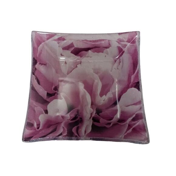 Glass Candle Drip Dish Plate 4" ROSE PETALS Violet Pink Square Romantic Vintage - Picture 15 of 16